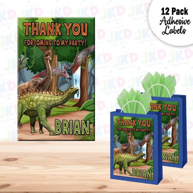 Dinosaurs Gift Favor Bag Labels | 12-Pack Stickers | Size 8x5in