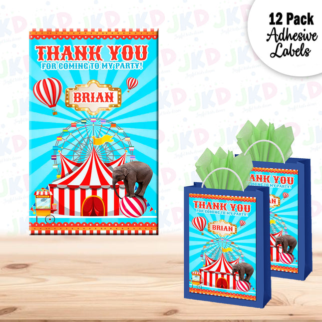 Circus Gift Favor Bag Labels | 12-Pack Stickers | Size 8x5in