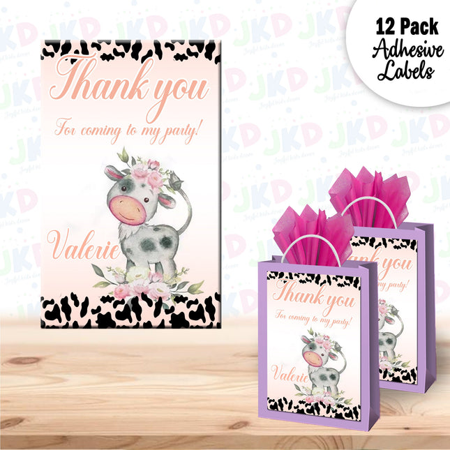 Cow Gift Favor Bag Labels | 12-Pack Stickers | Size 8x5in