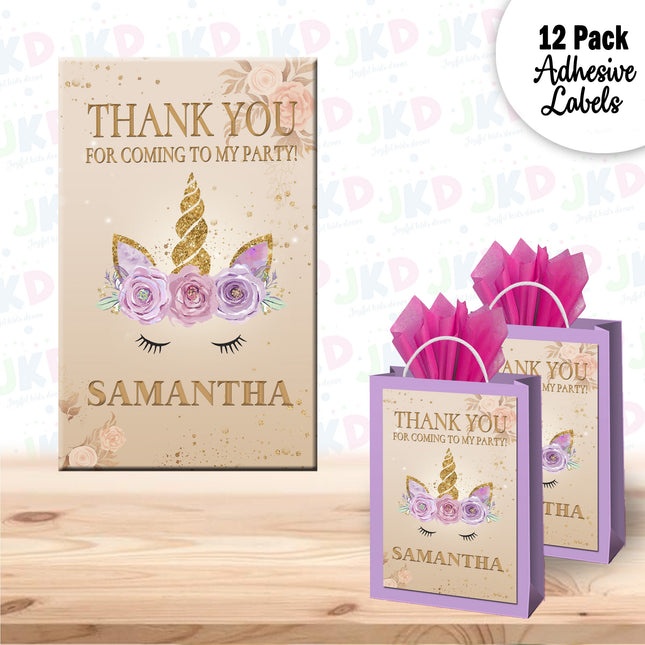 Unicorn Face Gift Favor Bag Labels | 12-Pack Stickers | Size 8x5in