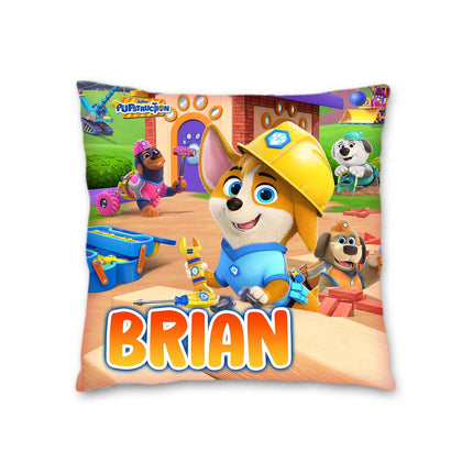 Pupstruction Pillow with Name Kids Cushion Room Decor Gift for Son Daughter Grandson Granddaughter- 16in insert included