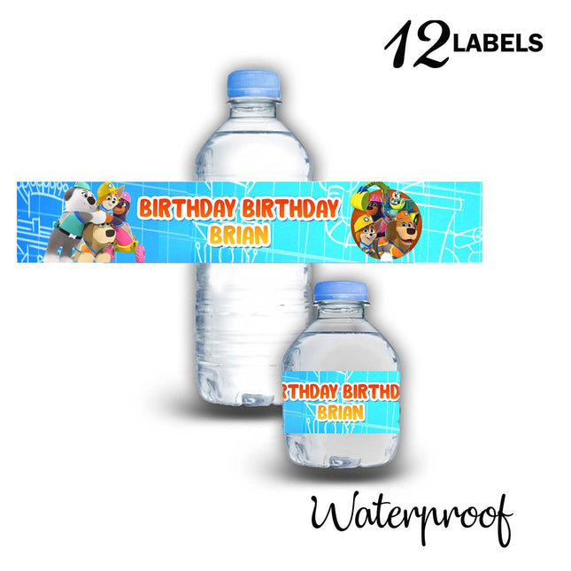 Pupstruction Bottle Water Labels Waterproof Stickers for Kids Birthday Party Favor | 12-Pack Ideal for 16.9oz & 8 fl oz Bottles