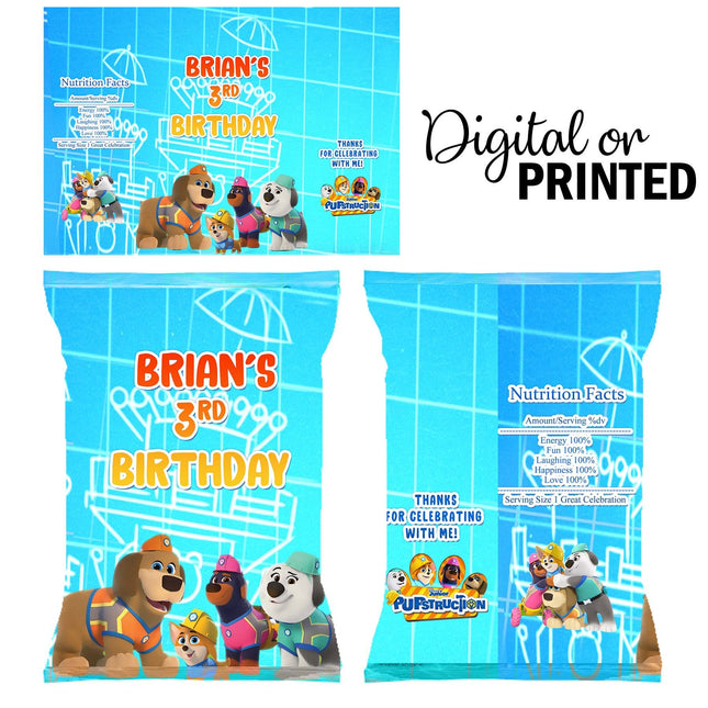 Pupstruction Chip Bags Label for Kids Birthday Party Favor Decor, Stickers or Finished Options