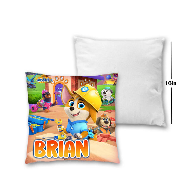 Pupstruction Pillow with Name Kids Cushion Room Decor Gift for Son Daughter Grandson Granddaughter- 16in insert included