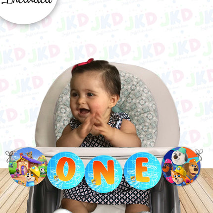 Pupstruction First Birthday Banner for Baby High Chair with Ribbon Included