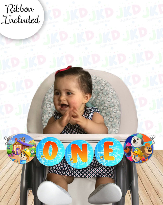 Pupstruction First Birthday Banner for Baby High Chair with Ribbon Included