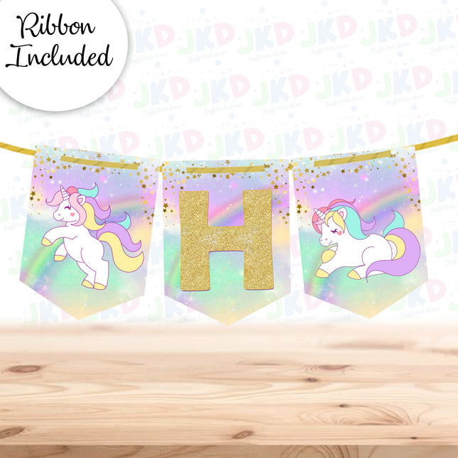 Unicorn Birthday Banner for Wall Party Decor Customized with Ribbon Included