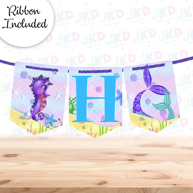 Mermaid Tail Birthday Banner for Wall Party Decor Customized with Ribbon Included