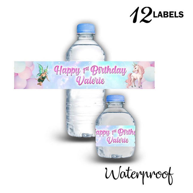 Unicorn Fairy Bottle Water Labels Waterproof Stickers for Kids Birthday Party Favor | 12-Pack Ideal for 16.9oz & 8 fl oz Bottles