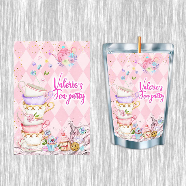 Tea Party Juice Pouch Label Sticker or Complete Custom Juice Pouches for Kids Birthday Party Favor Decor
