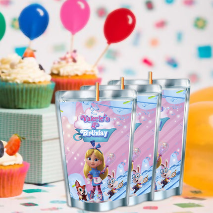 Alice BakeryJuice Pouch Label Sticker or Complete Custom Juice Pouches for Kids Birthday Party Favor Decor