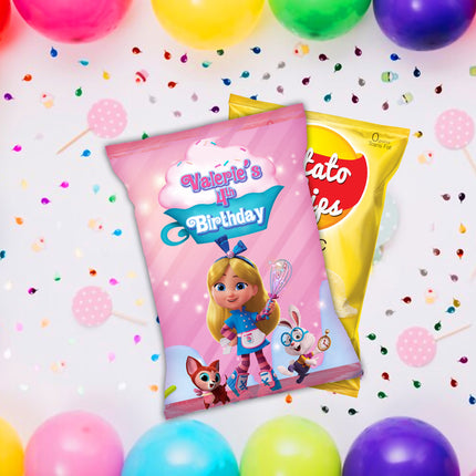 Alice Bakery Chip Bags Label for Kids Birthday Party Favor Decor, Stickers or Finished Options