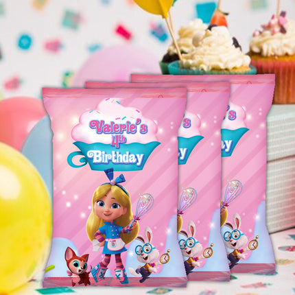 Alice Bakery Chip Bags Label for Kids Birthday Party Favor Decor, Stickers or Finished Options