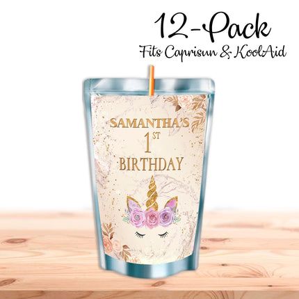 Unicorn Face Juice Pouch Label Sticker or Complete Custom Juice Pouches for Kids Birthday Party Favor Decor
