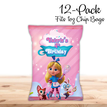 Alice Bakery Chip Bags Label for Kids Birthday Party Favor Decor, Stickers or Finished Options