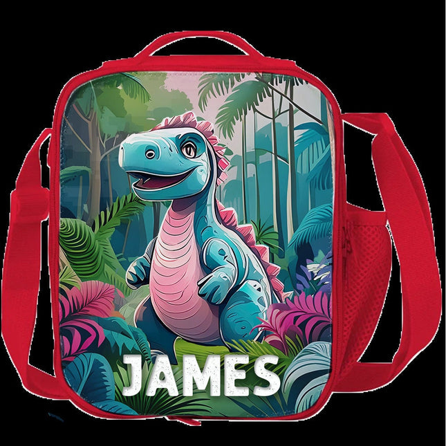 Custom Kids Lunch Bag with Strap Personalized School Insulated Picnic Box Dinosaurs Jungle