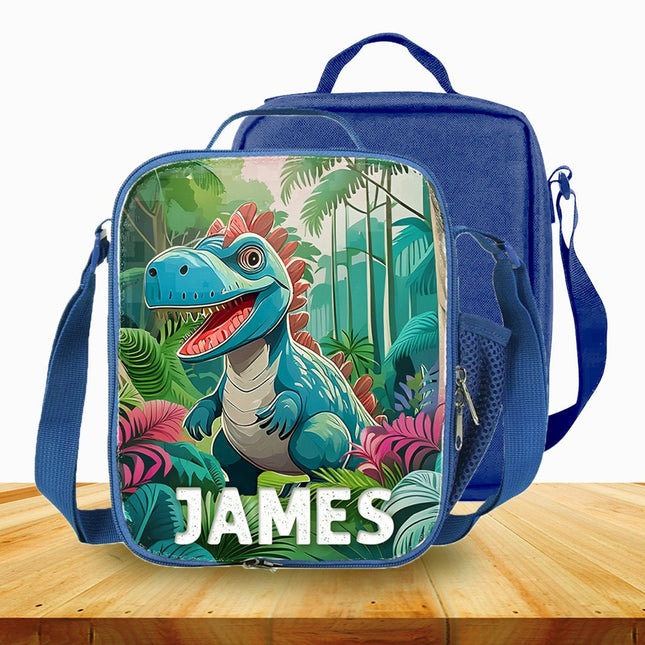 Custom Kids Lunch Bag with Strap Personalized School Insulated Picnic Box Dinosaurs Jungle