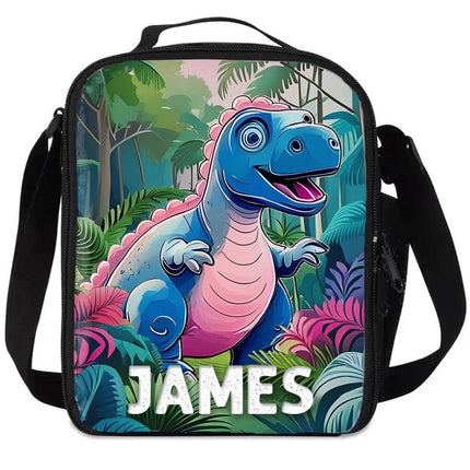 Custom Kids Lunch Bag with Strap Personalized School Insulated Picnic Box Dinosaurs Jungle