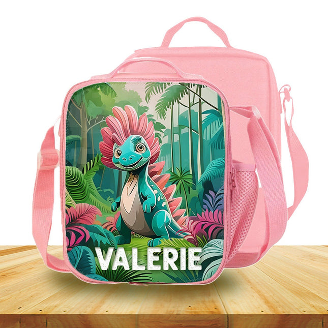 Custom Kids Lunch Bag with Strap Personalized School Insulated Picnic Box Dinosaurs Jungle
