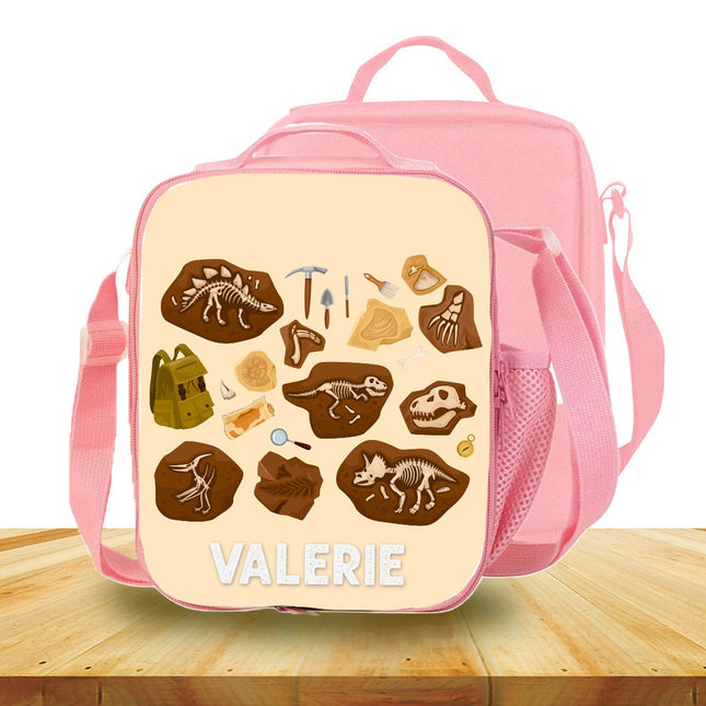 Custom Kids Lunch Bag with Strap Personalized School Insulated Picnic Box Dino Fossils