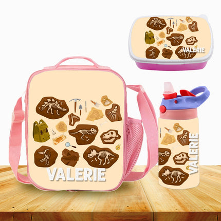 Custom Kids Lunch Bag with Strap Personalized School Insulated Picnic Box Dino Fossils