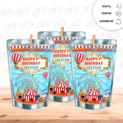 Circus Juice Pouch Label Sticker or Complete Custom Juice Pouches for Kids Birthday Party Favor Decor