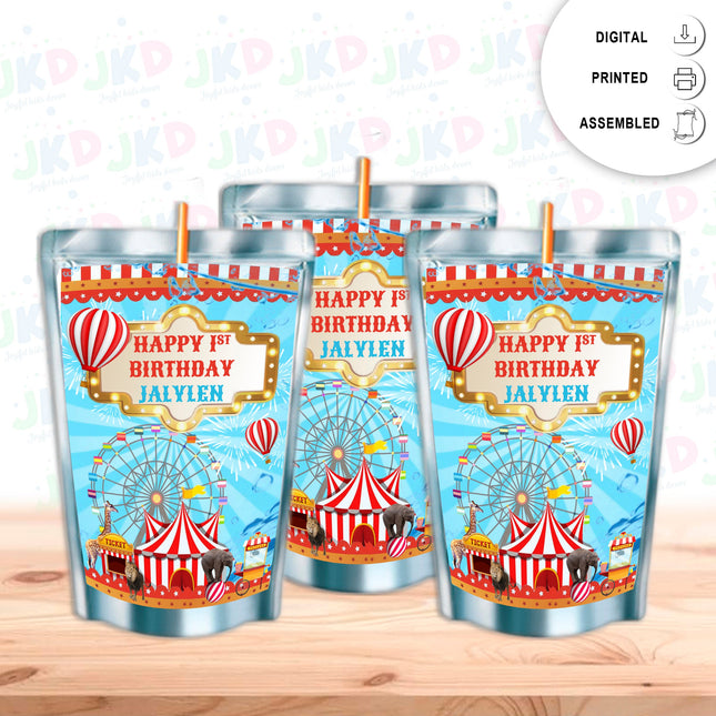 Circus Juice Pouch Label Sticker or Complete Custom Juice Pouches for Kids Birthday Party Favor Decor
