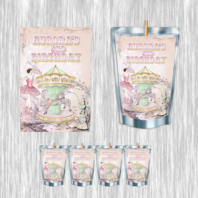 Carousel Juice Pouch Label Sticker or Complete Custom Juice Pouches for Kids Birthday Party Favor Decor