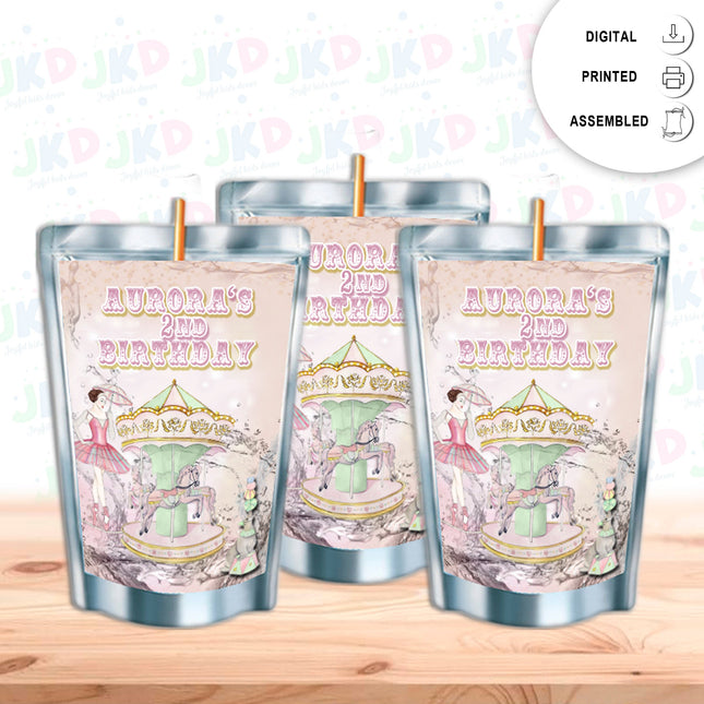 Carousel Juice Pouch Label Sticker or Complete Custom Juice Pouches for Kids Birthday Party Favor Decor