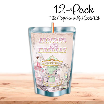 Carousel Juice Pouch Label Sticker or Complete Custom Juice Pouches for Kids Birthday Party Favor Decor
