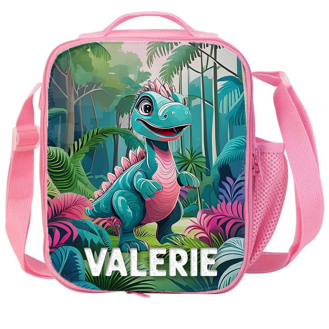 Custom Kids Lunch Bag with Strap Personalized School Insulated Picnic Box Dinosaurs Jungle