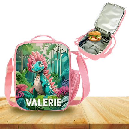 Custom Kids Lunch Bag with Strap Personalized School Insulated Picnic Box Dinosaurs Jungle