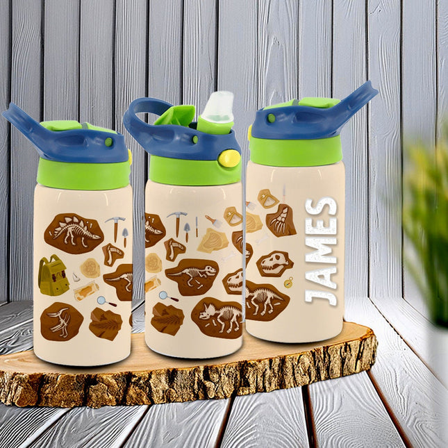 Custom Kids Water Bottle Personalized Toddler Insulated Tumbler 12oz Dino Fossil