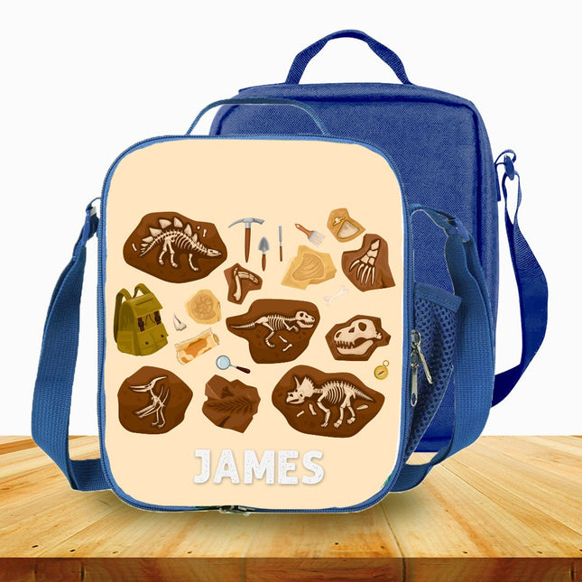Custom Kids Lunch Bag with Strap Personalized School Insulated Picnic Box Dino Fossils