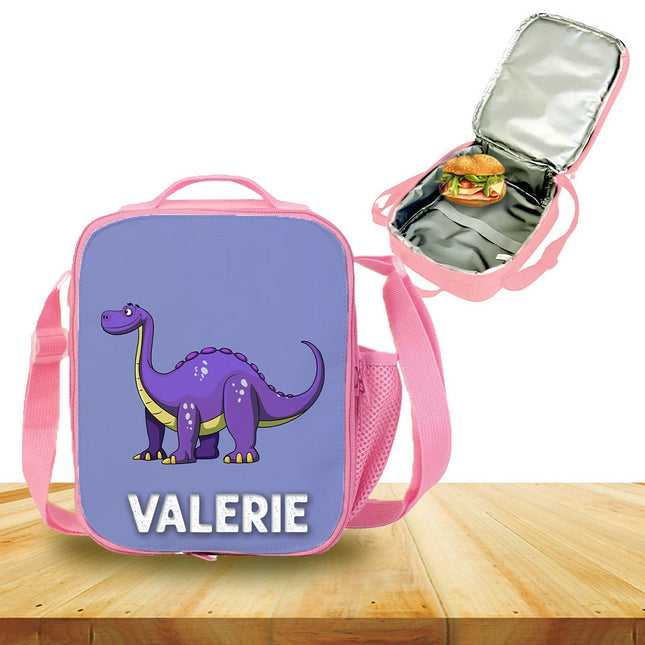 Custom Kids Lunch Bag with Strap Personalized School Insulated Picnic Box Dinosaurs