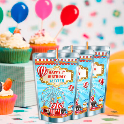 Circus Juice Pouch Label Sticker or Complete Custom Juice Pouches for Kids Birthday Party Favor Decor