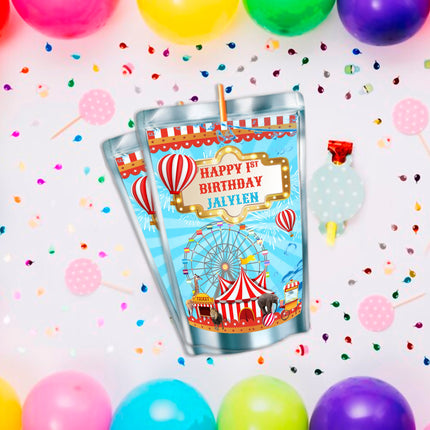 Circus Juice Pouch Label Sticker or Complete Custom Juice Pouches for Kids Birthday Party Favor Decor