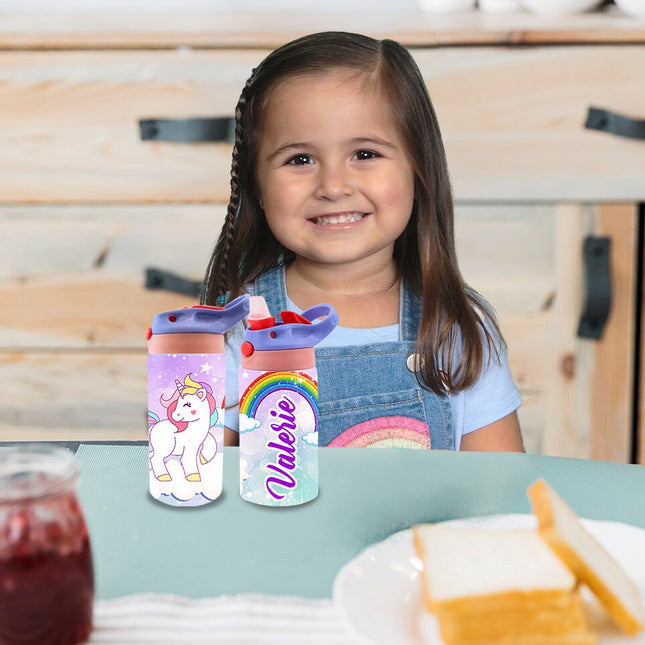 Custom Kids Water Bottle Personalized Toddler Insulated Tumbler 12oz Magic Unicorn Rainbow