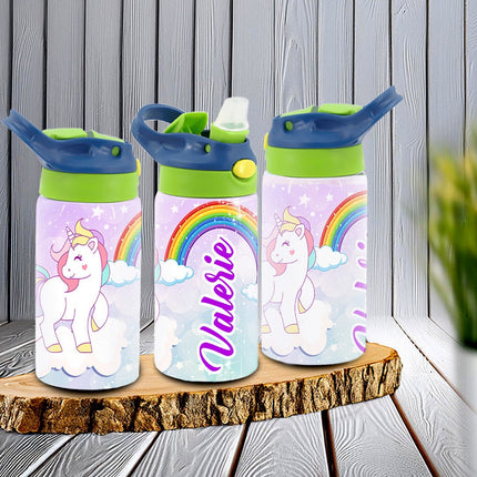 Custom Kids Water Bottle Personalized Toddler Insulated Tumbler 12oz Magic Unicorn Rainbow