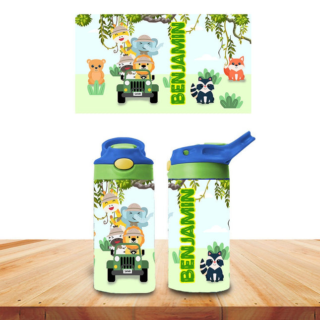 Custom Kids Water Bottle Personalized Toddler Insulated Tumbler 12oz Jungle Baby Safari Animals