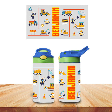 Custom Kids Water Bottle Personalized Toddler Insulated Tumbler 12oz Construction Trucks