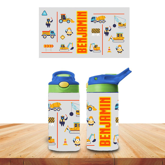 Custom Kids Water Bottle Personalized Toddler Insulated Tumbler 12oz Construction Trucks