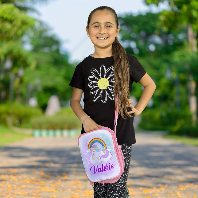 Custom Kids Lunch Bag with Strap Personalized School Insulated Picnic Box Magic Unicorn Rainbow