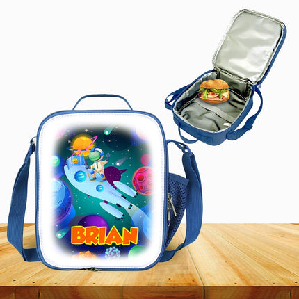 Custom Kids Lunch Bag with Strap Personalized School Insulated Picnic Box Universe Space Planets