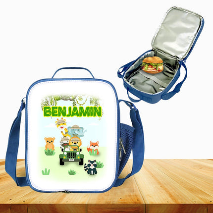 Custom Kids Lunch Bag with Strap Personalized School Insulated Picnic Box Jungle Safari Baby Animals