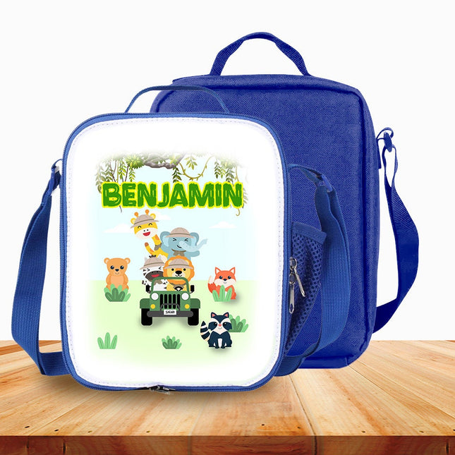 Custom Kids Lunch Bag with Strap Personalized School Insulated Picnic Box Jungle Safari Baby Animals