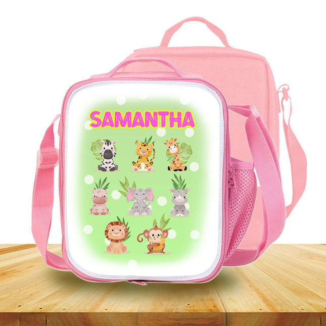 Custom Kids Lunch Bag with Strap Personalized School Insulated Picnic Box Jungle Safari Baby Animals