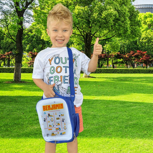 Custom Kids Lunch Bag with Strap Personalized School Insulated Picnic Box Construction Trucks