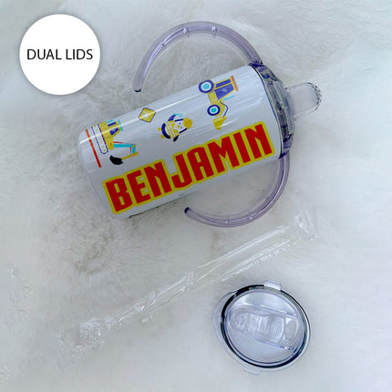 Custom Kids Sippy Cup Personalized Toddler Insulated Tumbler 12oz Bottle Construction Trucks