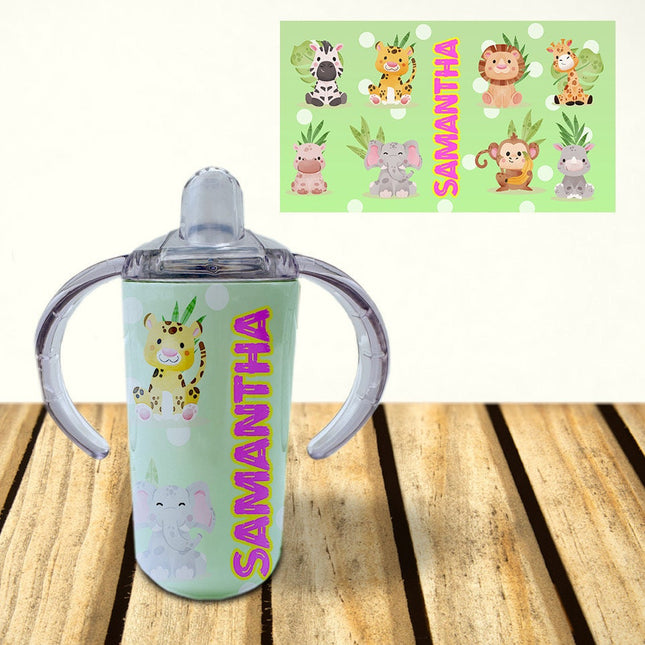 Custom Kids Sippy Cup Personalized Toddler Insulated Tumbler 12oz Bottle Jungle Safari Baby Animals